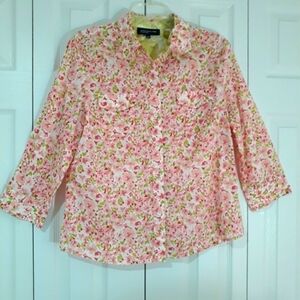 Jones New York Signature women's shirt floral 3/4 sleeve button down Cotton Larg
